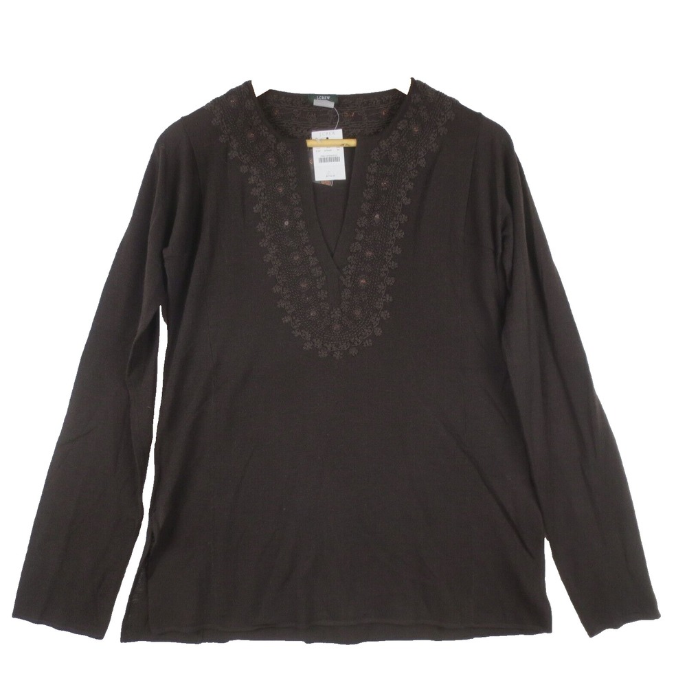 J Crew Sweater Women M Brown Wool Long Sleeve Lightweight Embroidered Tunic FLAW